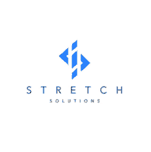 a logo for stretch solutions with a blue arrow pointing to the right