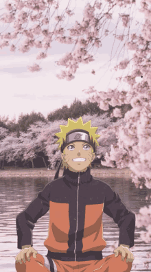 a cartoon of naruto sitting in front of a body of water