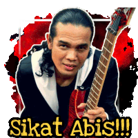 a man holding a guitar with the words " sikat abi !!! " written on the bottom