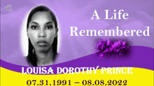 a poster for louisa dorothy prince with a picture of her