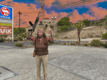 a woman holding a gun in front of a dollar pills store