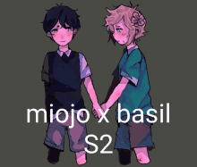 a drawing of two boys holding hands with the words miojo x basil s2 on the bottom