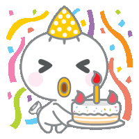 a cartoon character wearing a party hat is holding a birthday cake