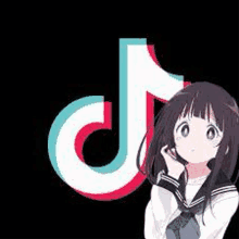 a girl in a sailor suit is standing in front of a tik tok logo .