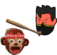 a monkey with a headband that says " arriba peru " is holding a baseball bat