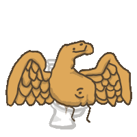 a cartoon drawing of a chicken with wings sitting on a toilet