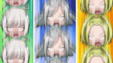 a row of anime characters with different facial expressions on a green blue and yellow background