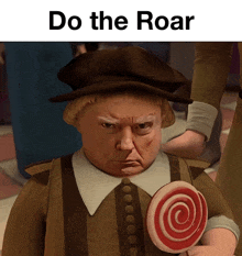 a cartoon character with a lollipop and the words do the roar above him