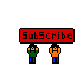 a pixel art of two people holding a sign that says subscribe