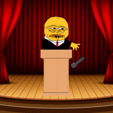 a cartoon of a man giving a speech behind a podium with a microphone