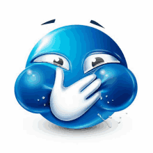 a blue smiley face is covering his mouth with his hand