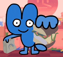 a blue cartoon character is holding a sandwich in his hand