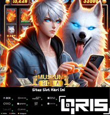 a man holding a phone next to a wolf with blue eyes and the words museum bola