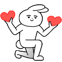 a cartoon bunny is kneeling down and holding two red hearts in his hands