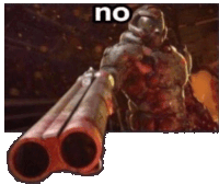 a video game character is pointing a gun at the camera with the word no above him .