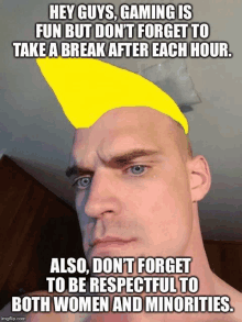 a man with a yellow mohawk says hey guys gaming is fun