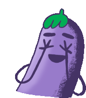 a cartoon drawing of an eggplant with a green leaf on top