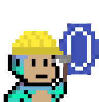 a pixel art of a person wearing a yellow hard hat holding a blue circle .