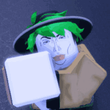 a person with green hair and a hat is holding a white box