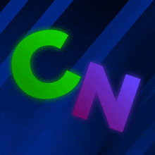 a green and purple letter cn on a blue background