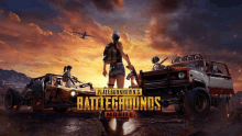 a poster for playerunknown 's battlegrounds mobile shows a woman standing between two vehicles