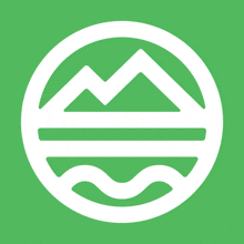 a green background with a white icon of a mountain and waves