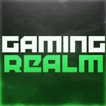 the logo for gaming realm is green and white and looks like a video game .