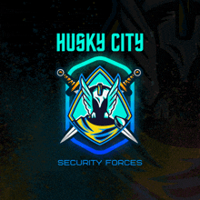 a logo for husky city security forces with a knight holding two swords