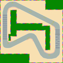 a computer generated image of a race track with a green l in the middle