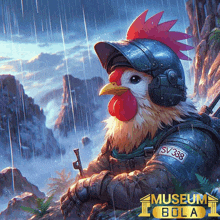 a rooster wearing a helmet and a jacket with sv338 on it