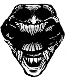 a black and white drawing of a skull with sharp teeth