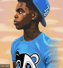 a drawing of a man wearing a blue shirt and a hat with the letter t on it