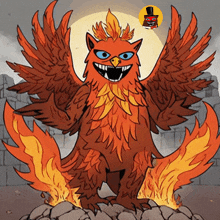 a cartoon drawing of a fire monster with a top hat