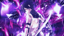 a purple background with a person with a sword