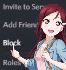 a girl is pointing at a screen that says invite to serve add friends block roles