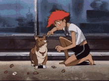 edward from cowboy bebop is kneeling down to pet a dog