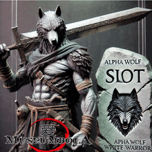 a statue of an alpha wolf holding a sword and a shield