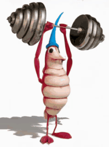 a cartoon character with a blue hat is lifting a barbell over his head