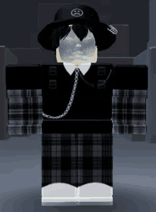 a roblox character wearing a black hat and plaid pants with a chain around his neck .