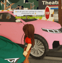 a girl in a video game is standing in front of a pink car and talking to a senior operator