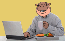 a man with a hippo head is sitting at a desk with a laptop and a cup of coffee