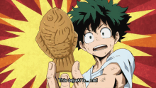 a cartoon character is holding a fish shaped pastry and says " this taiyaki is me "