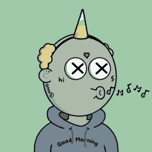 a cartoon character wearing a hoodie that says " good morning "