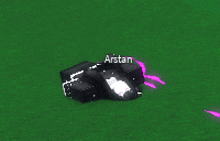 a black object is sitting on top of a green field with the name aristan written on it .