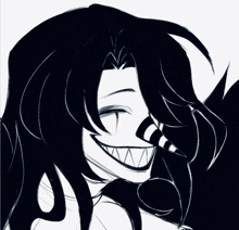 a black and white drawing of a person with a big smile