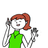 a woman in a green shirt is talking on a cell phone and waving her hand .