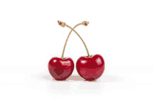 two cherries with their stems crossed are on a white surface