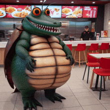 a statue of a crocodile standing in a restaurant with a menu behind it