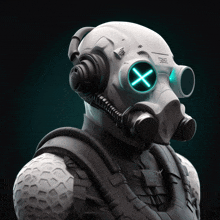 a person wearing a gas mask with a blue x in the middle