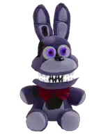 a stuffed purple bunny with purple eyes and teeth